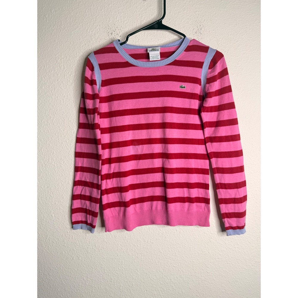 Lacoste Striped Knit Sweater Pink Red Crewneck Cotton Preppy Indie Y2K Size 40 M
